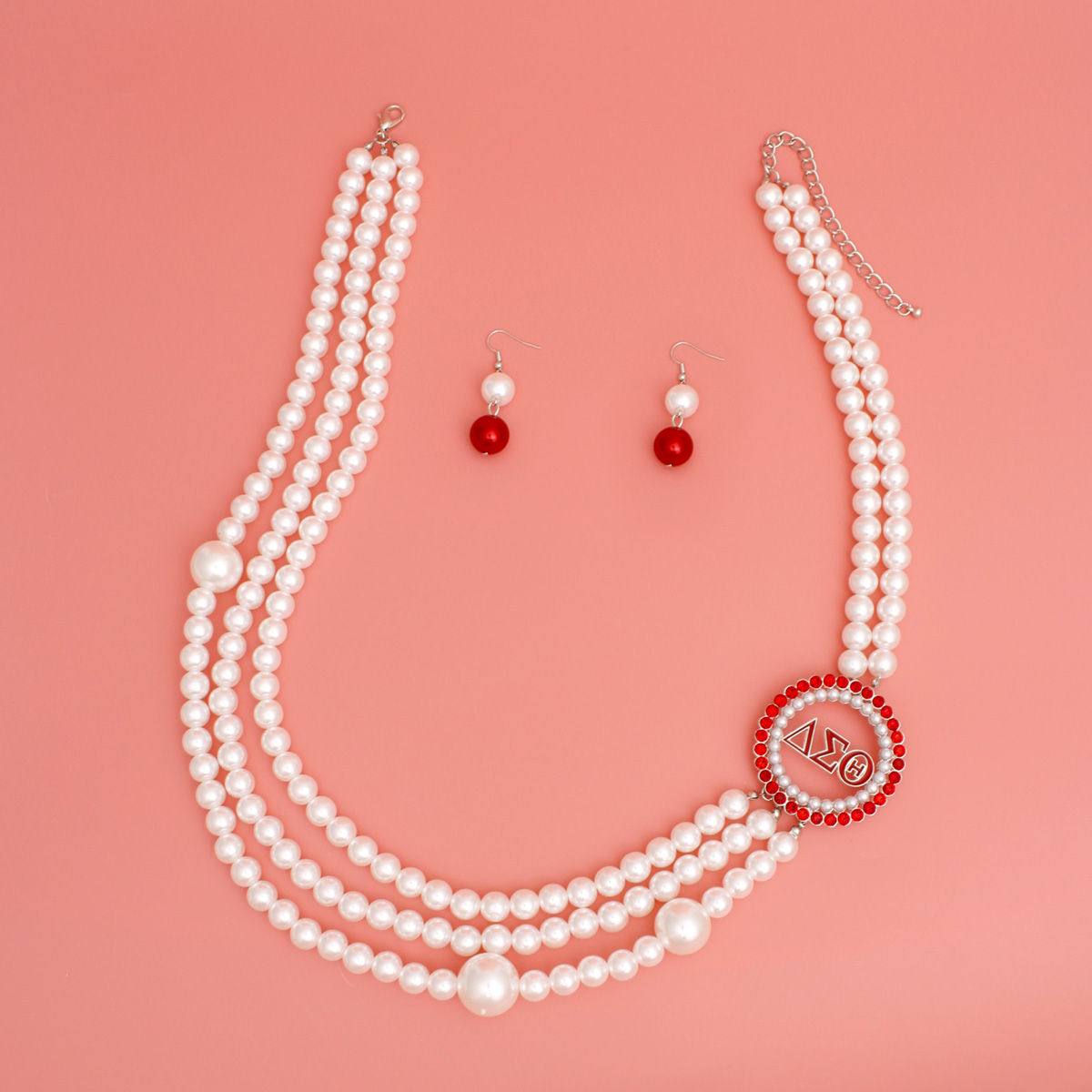 DST Sorority White Pearl Long Brooch Necklace Set