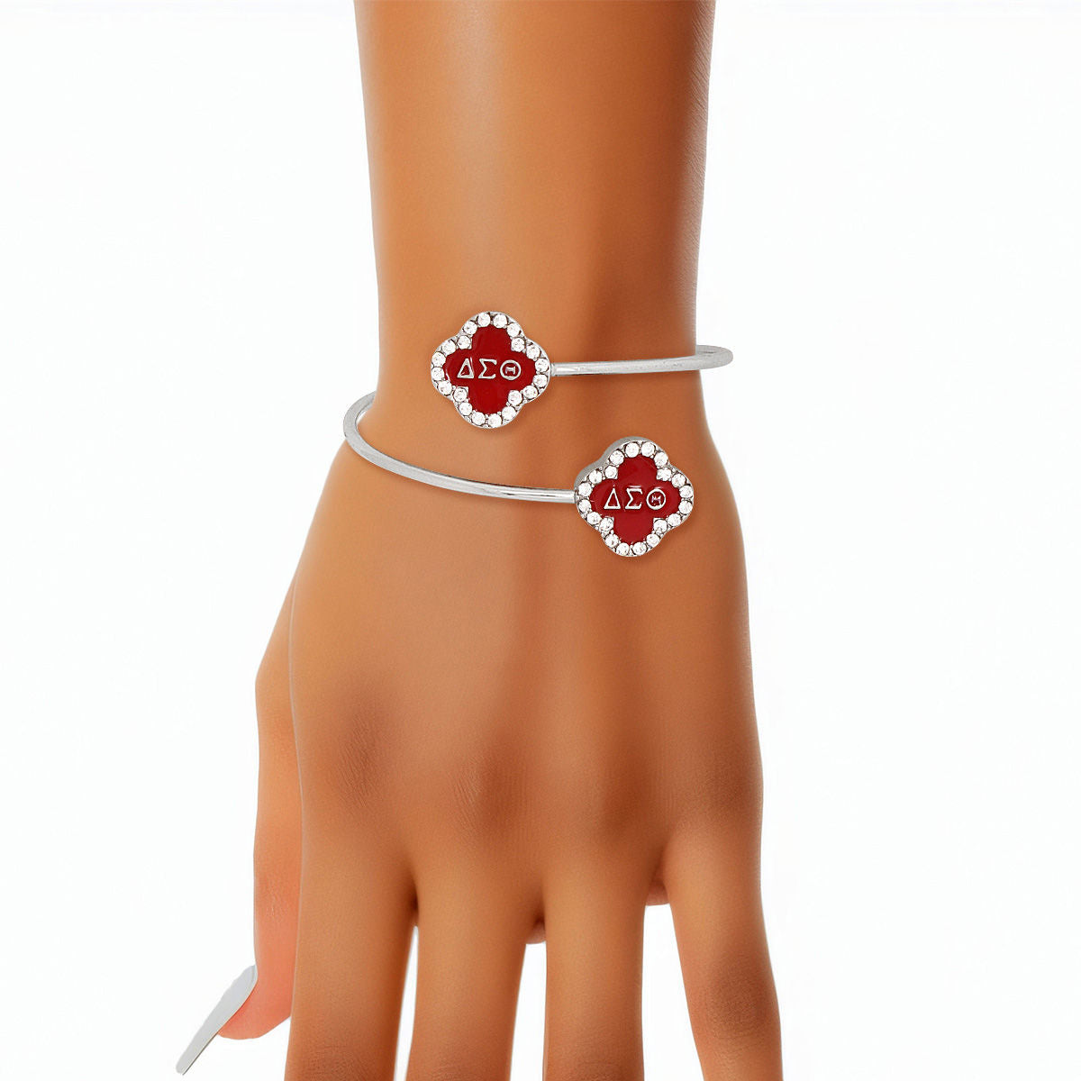 DST Sorority Rhinestone Red Clover Bracelet on wrist