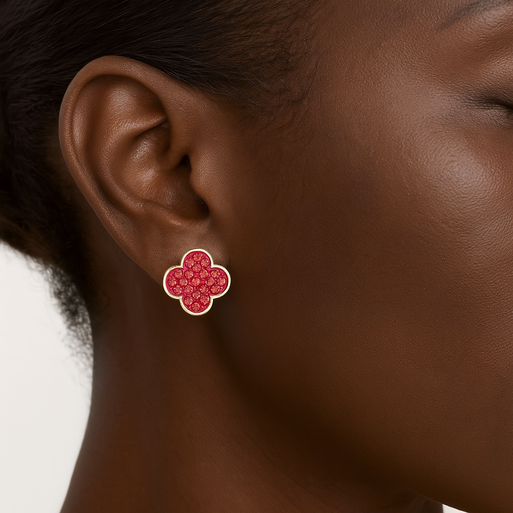 Gold Pink Quatrefoil Clover Earringss