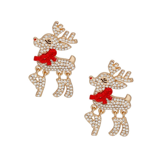 Dangle Adorable Reindeer Glam Xmas Gold Earrings