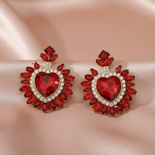 Stud Red Crystal and Glass Heart Earrings