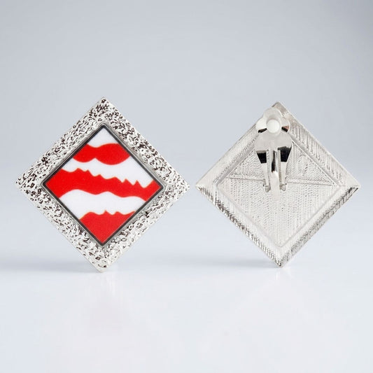 DST Crimson Wave Silver Framed Art Clip On Earrings