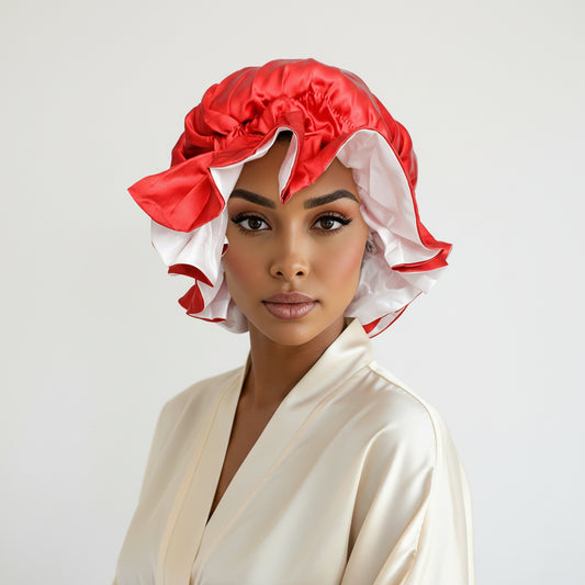 DST Sorority Red White Satin Sleep Bonnet Cap