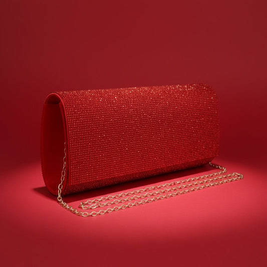 Clutch XLong Red Rhinestone Flap Evening Bag
