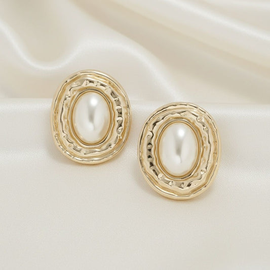 Clip On Organic Gold Oval Cream Pearl Earrings