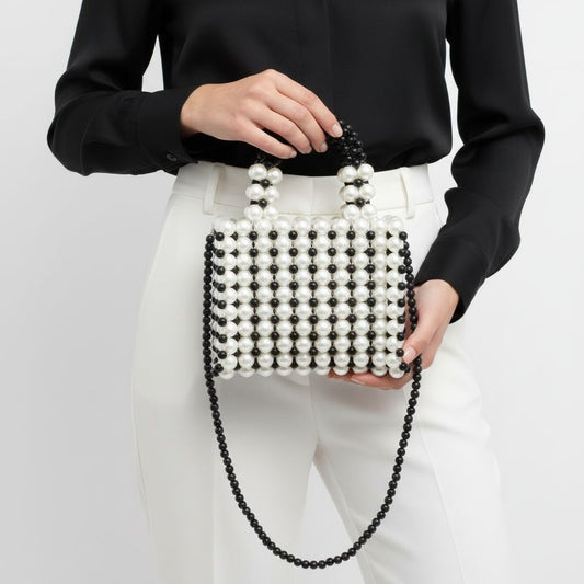 Top Handle Black White Pearl Woven Handmade Bag
