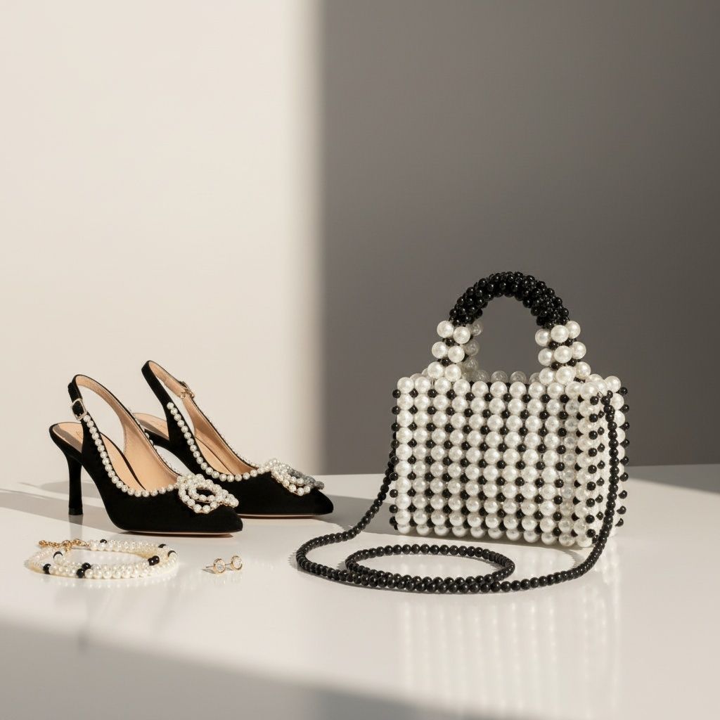 Top Handle Black White Pearl Woven Handmade Bag