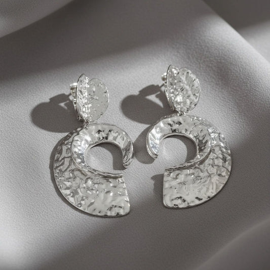 Clip On Silver Melted Metal Open C Large Earrings