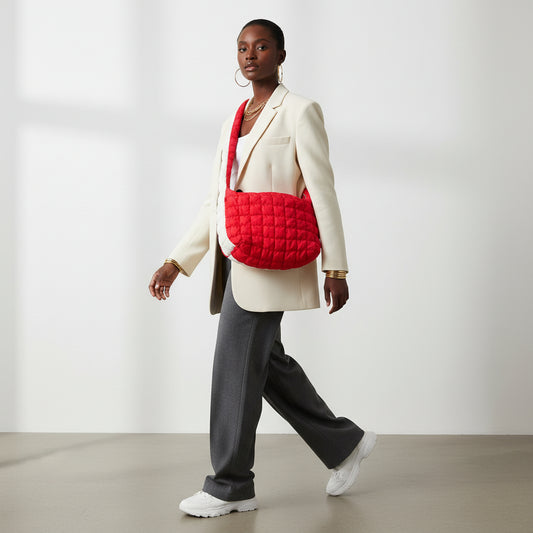 DST Sorority Large Red Ivory Quilted Shoulder Bag