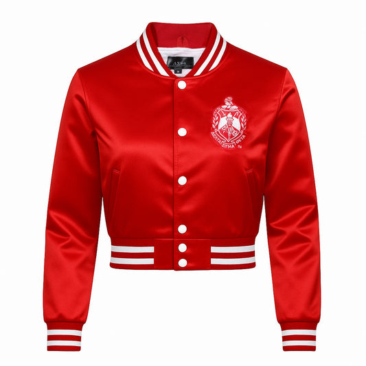 DST Greek Apparel M Cropped Satin Varsity Jacket