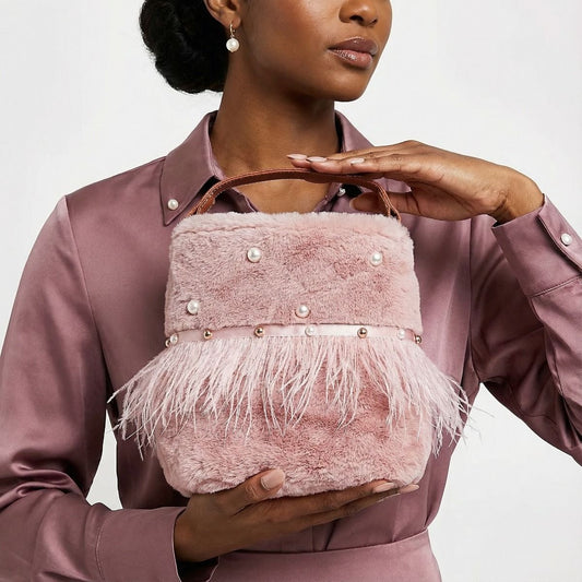 Mauve Fur Pearl Stud Bucket Bag