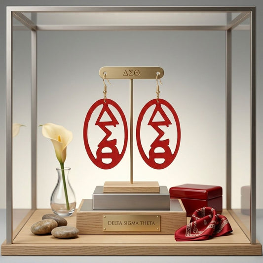 DST Oval Red Wood Greek Letter Fish Hook Earrings