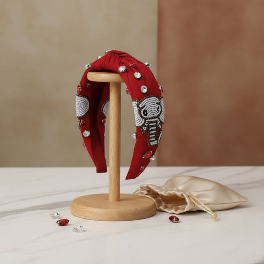 Headband Elephant Embroidered Burgundy Knot Style