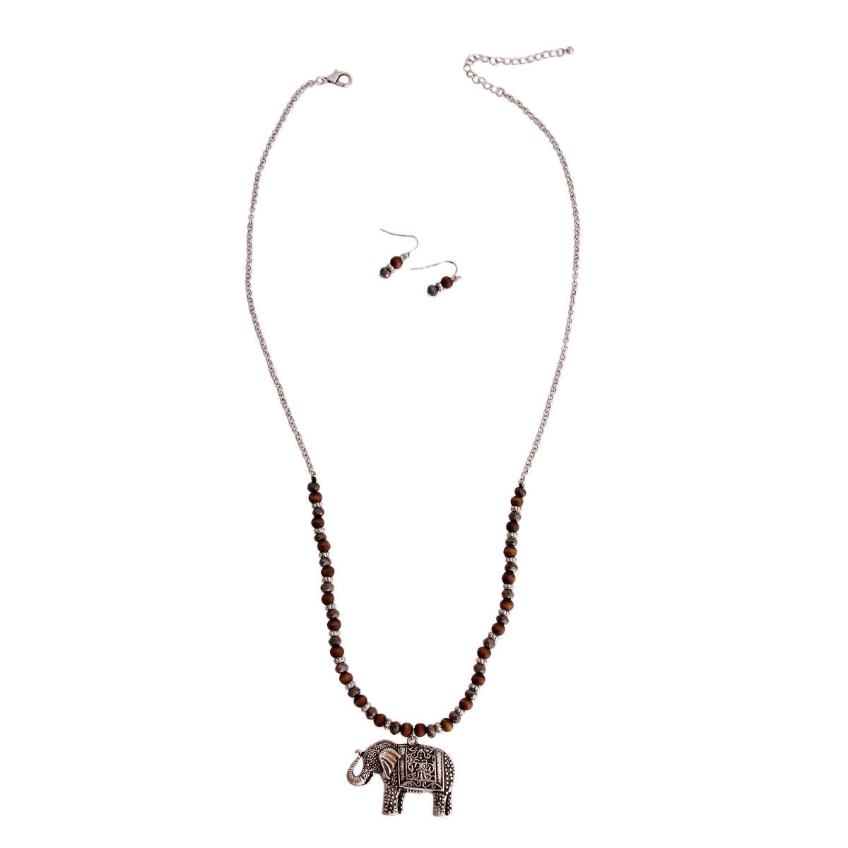 Brown Burnished Silver and Bead Elephant Necklace