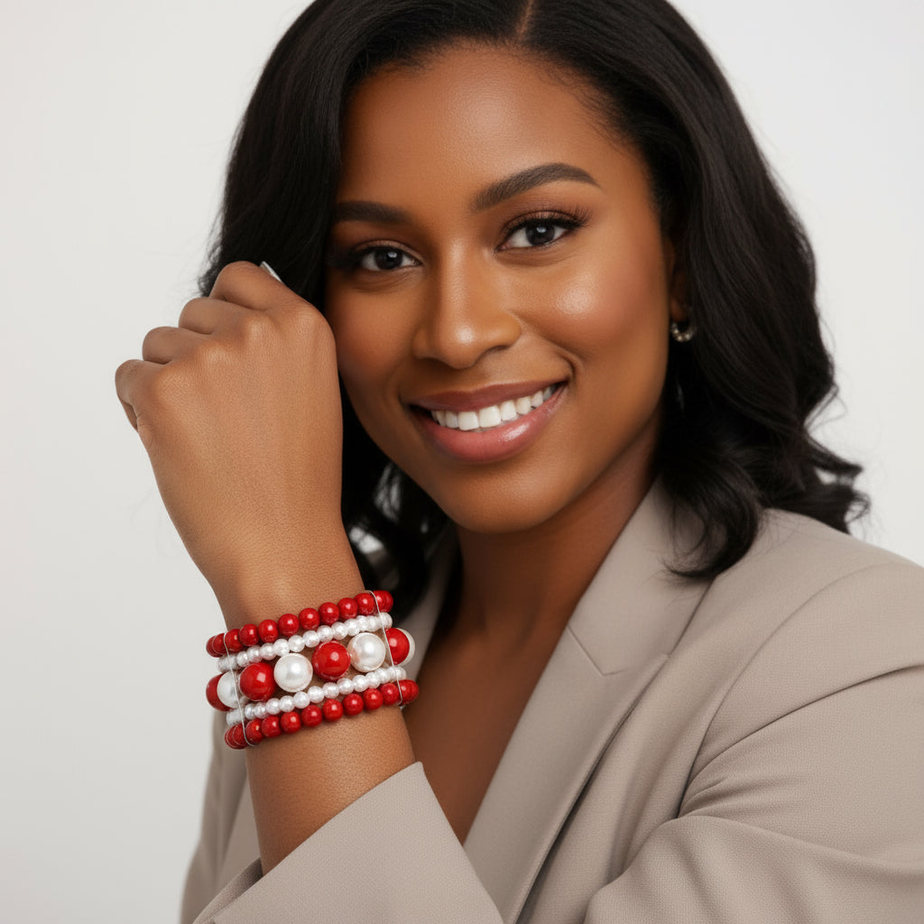 Bracelet Red White Stacked Pearls
