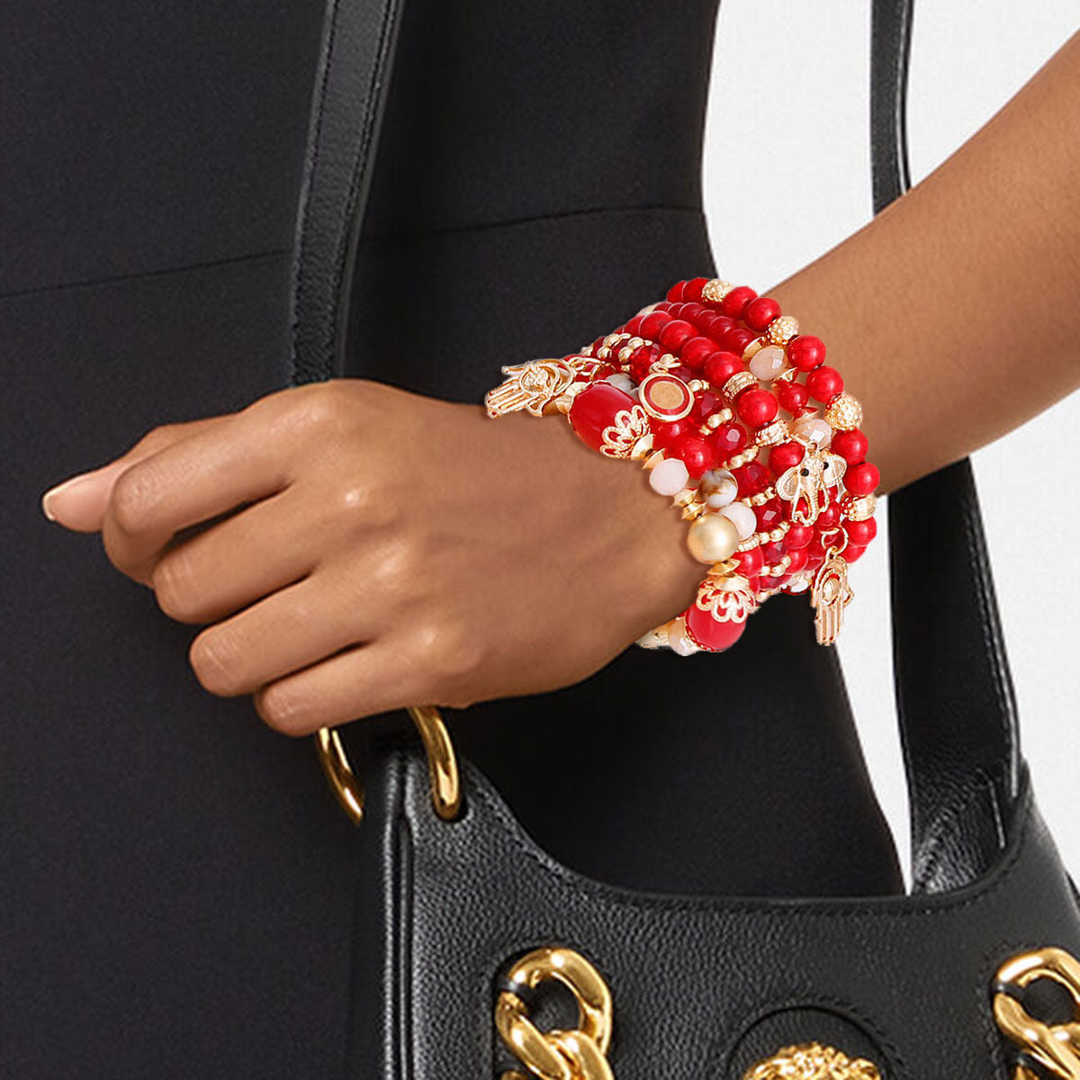 Red Elephant Charm Bracelet 6-Piece Set