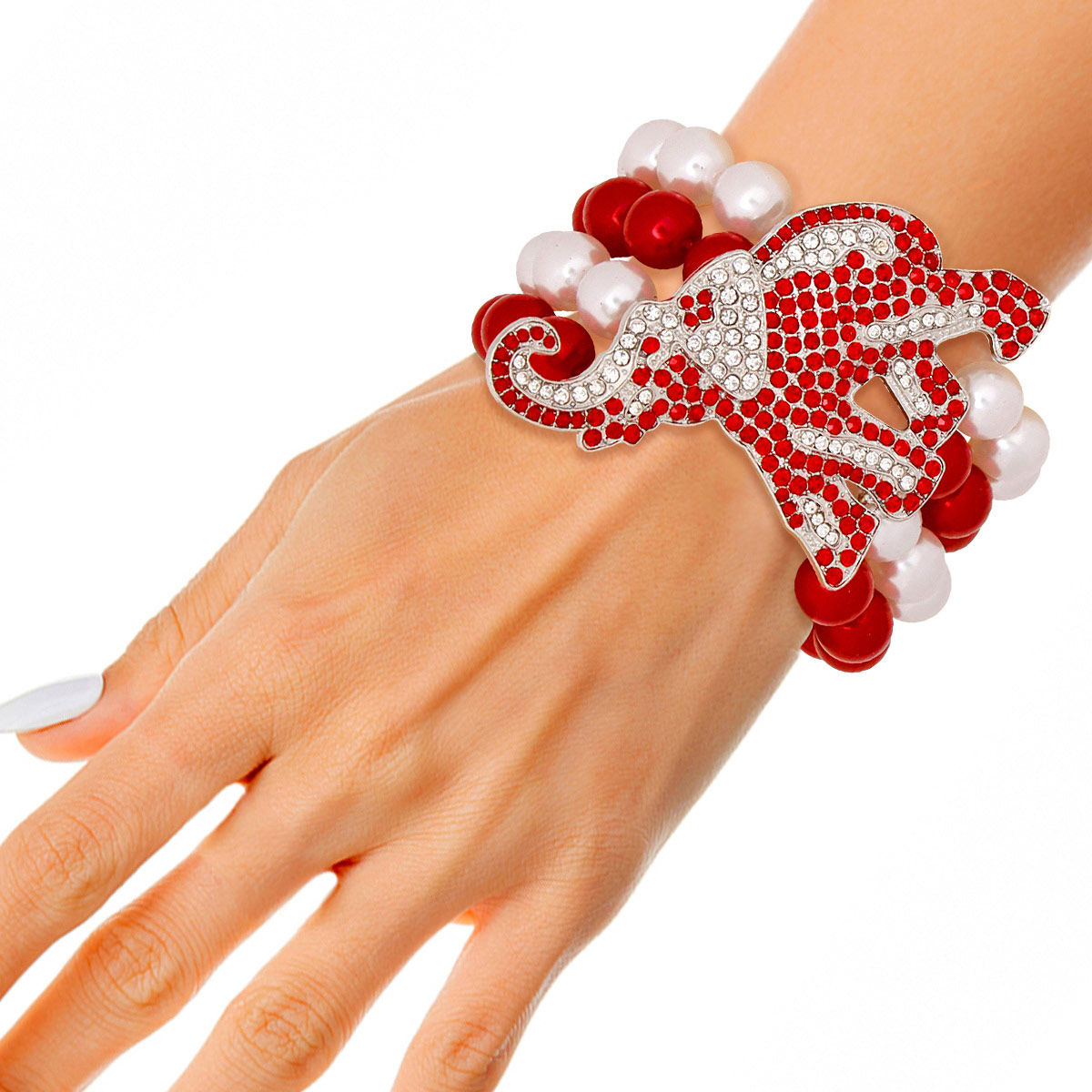 Red White Pearl 4 Strand Elephant Bracelet