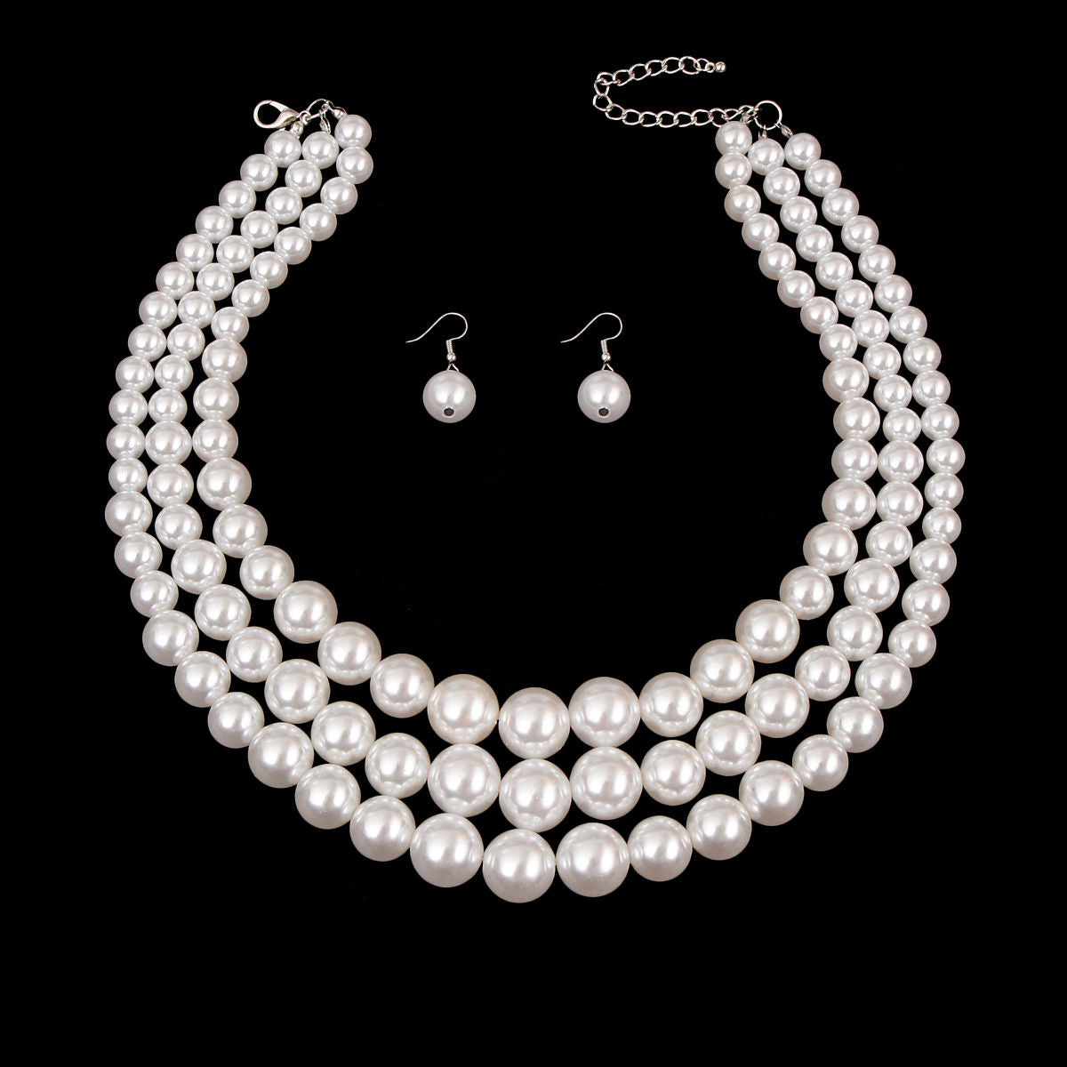 White Pearl 3-Strand Rhodium-Plated Necklace Set