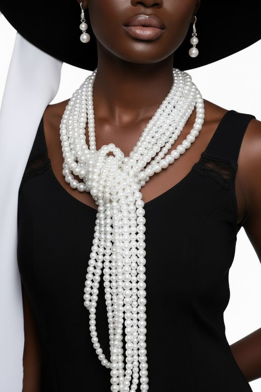 Silver Multi-Strand White Pearl Knot Scarf Necklace Set