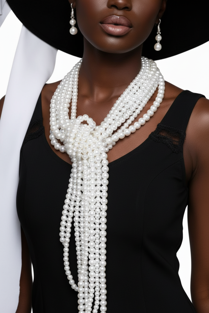 Silver Multi-Strand White Pearl Knot Scarf Necklace Set