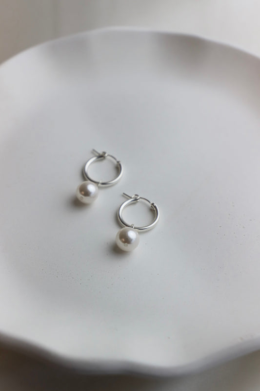 Dainty Pearl Hoop Earrings - Sterling Silver