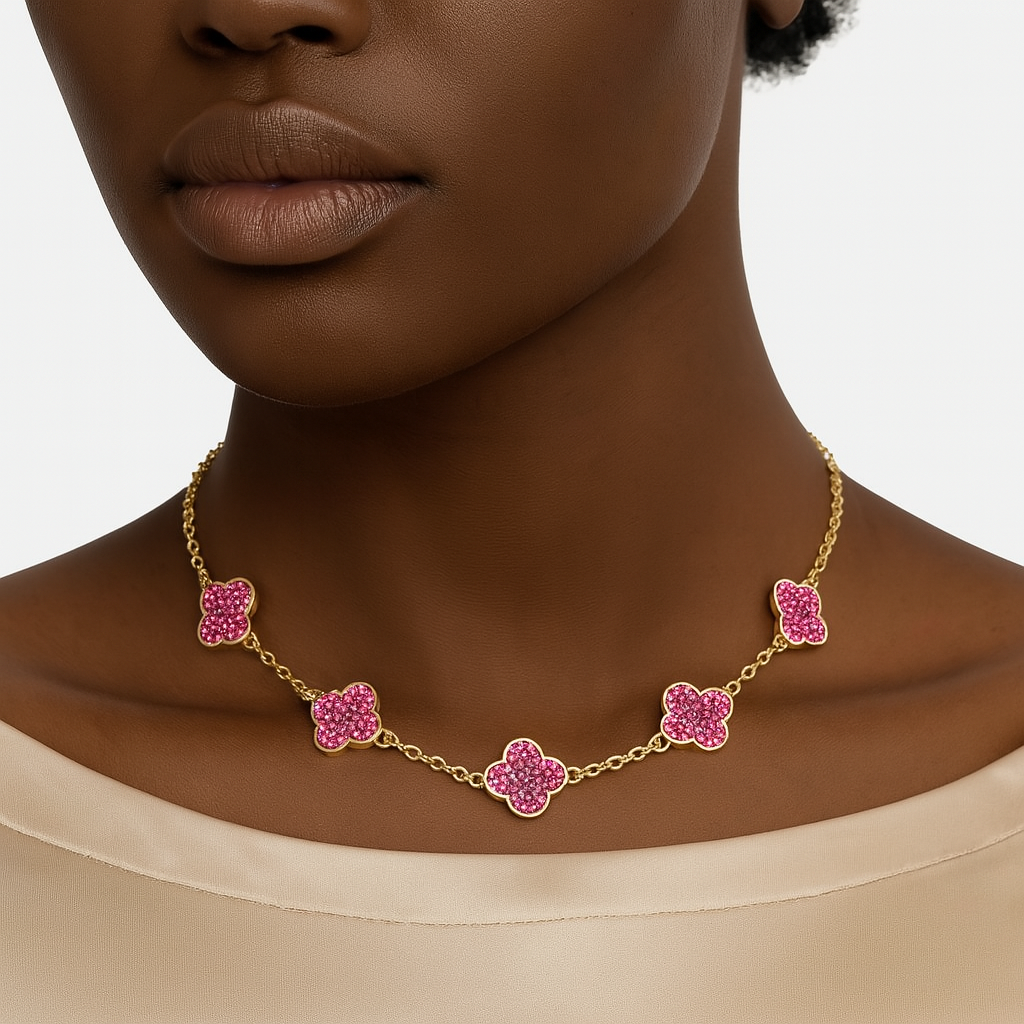 Gold Pink Quatrefoil Clover Necklace