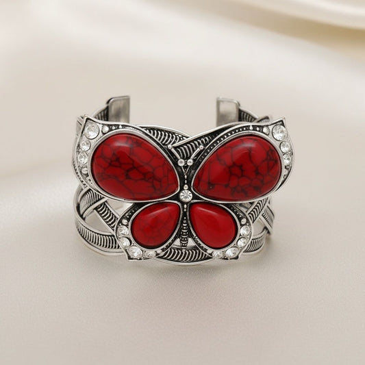 Cuff Red Butterfly Burnished Silver Bracelet