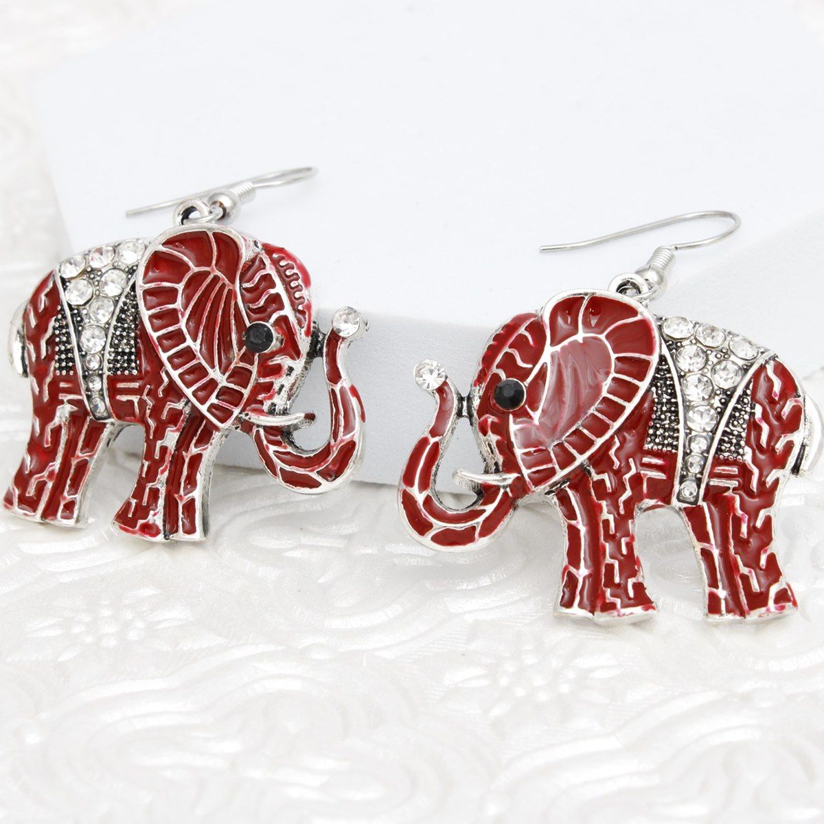 DST Red Elephant Rhinestone Fish Hook Earrings