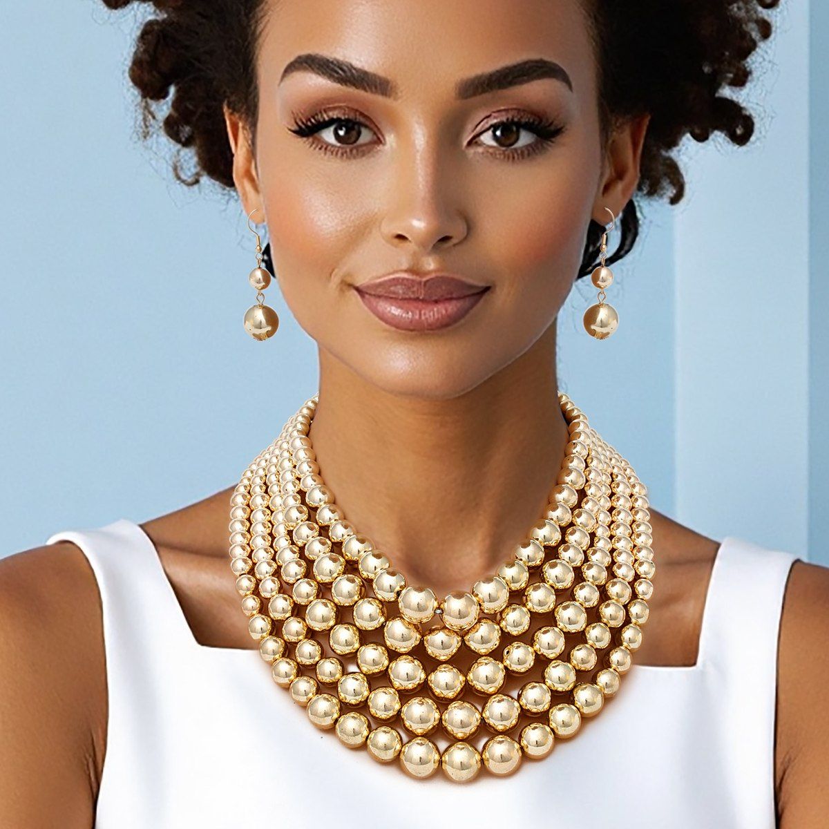 Pearl Necklace Gold Metallic 5 Strand Set Women