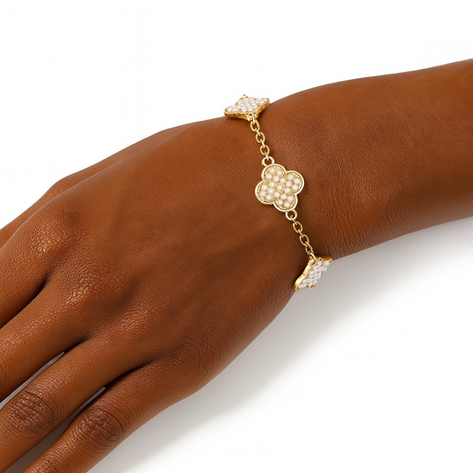 Gold Cream Pearl Quatrefoil Clovers Bracelet