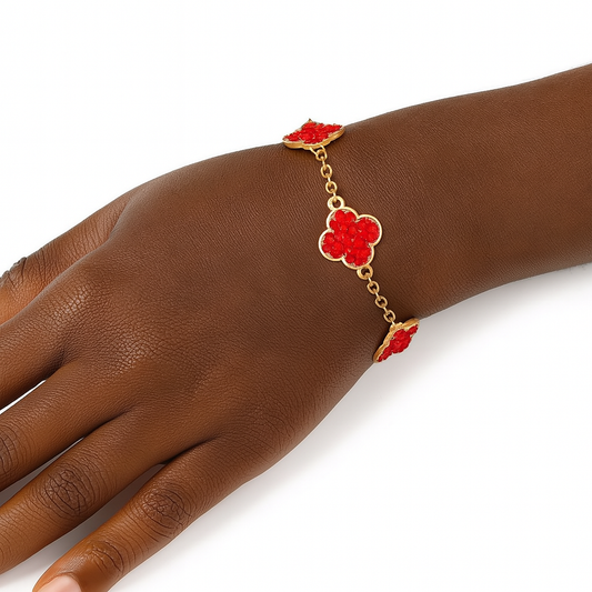 Chain Bracelet Red Rhinestone Quatrefoil Clovers