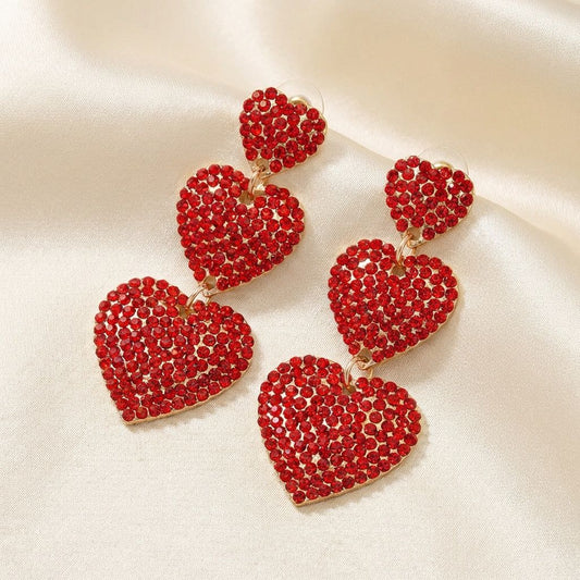 Dangle Red Rhinestone Triple Heart Earrings