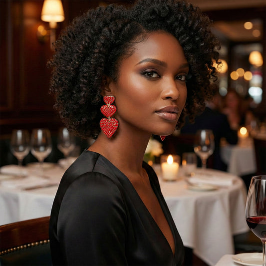 Dangle Red Rhinestone Triple Heart Earrings