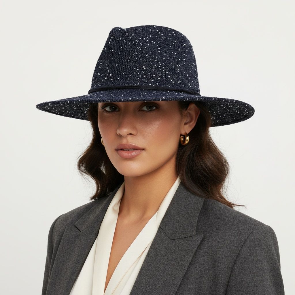 Cowboy Hat Navy Blue Sequin Embroidery Panama Hat