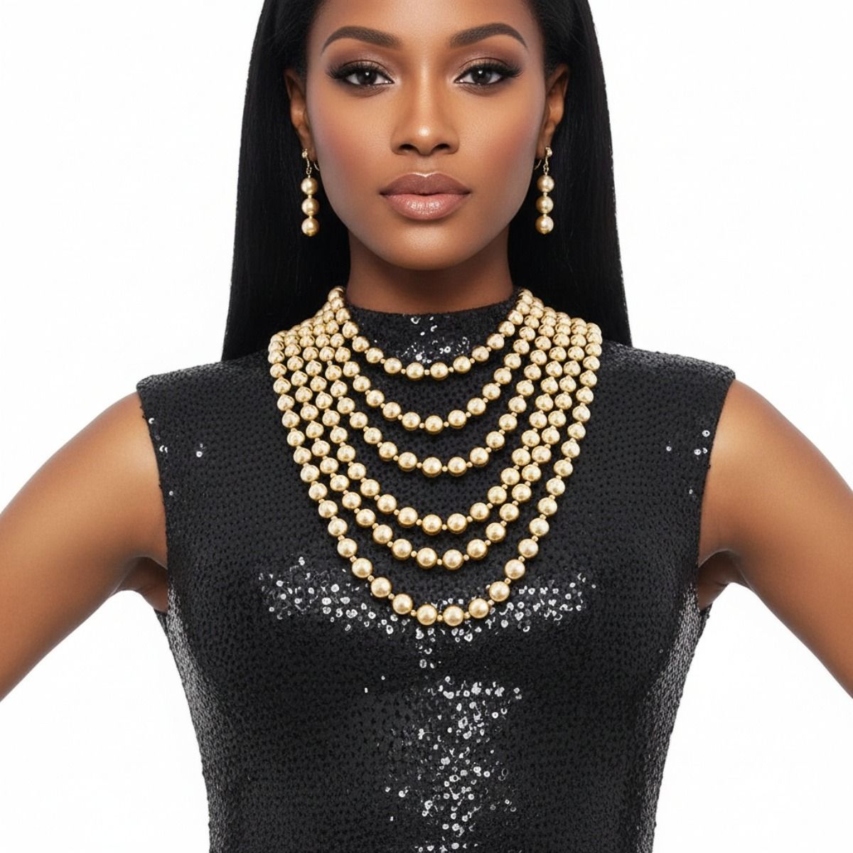 Gold Pearl and Back Drape Necklace Set