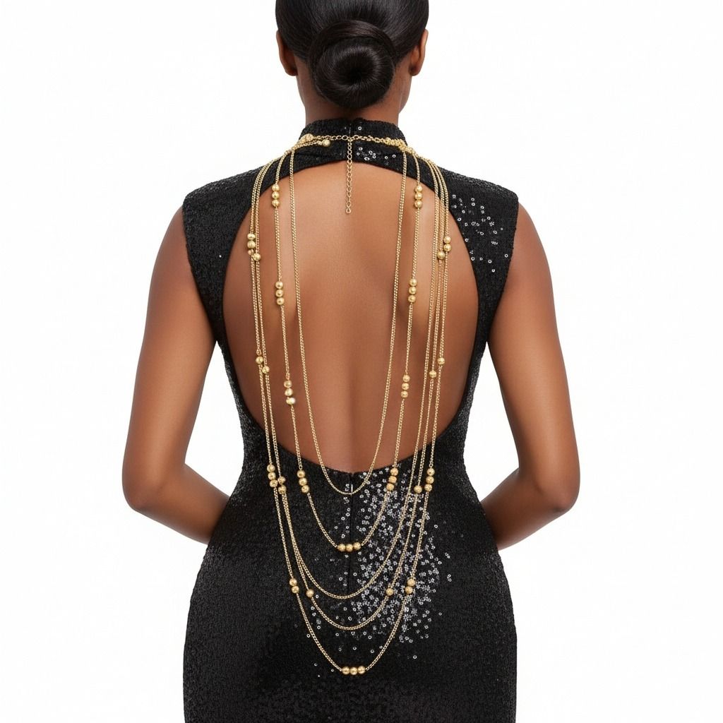 Gold Pearl and Back Drape Necklace Set