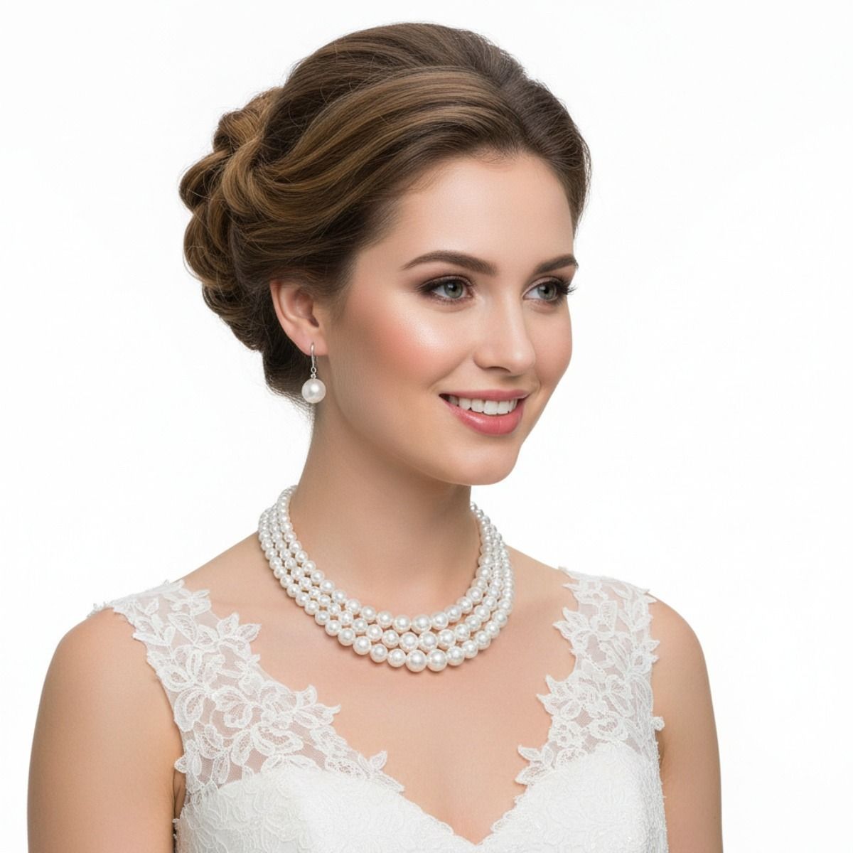 White Pearl 3-Strand Rhodium-Plated Necklace Set