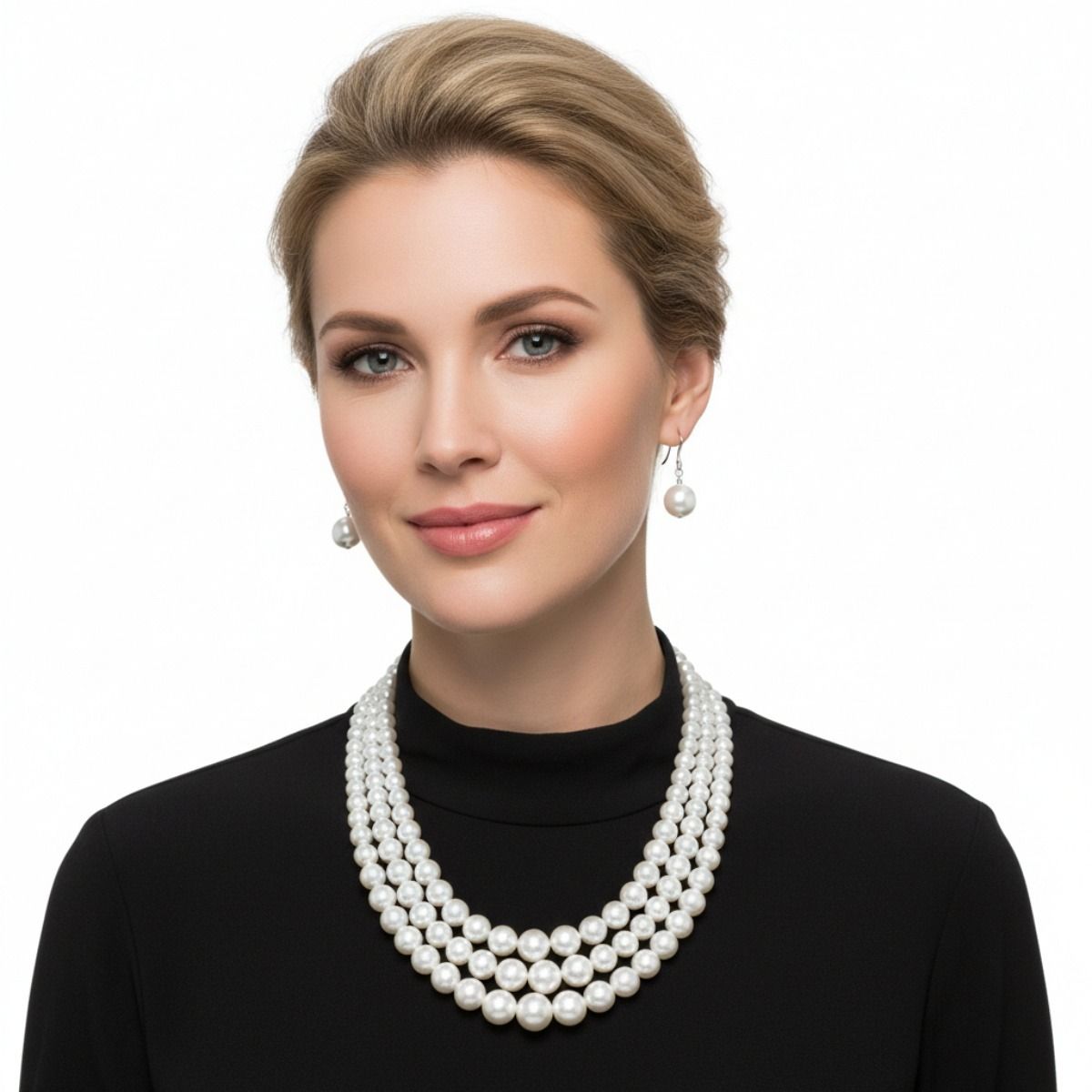 White Pearl 3-Strand Rhodium-Plated Necklace Set