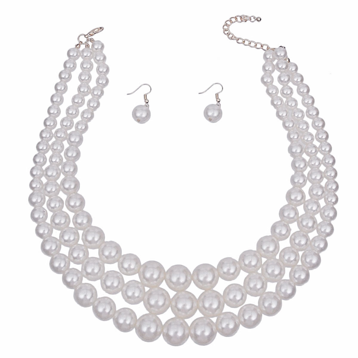 White Pearl 3-Strand Rhodium-Plated Necklace Set