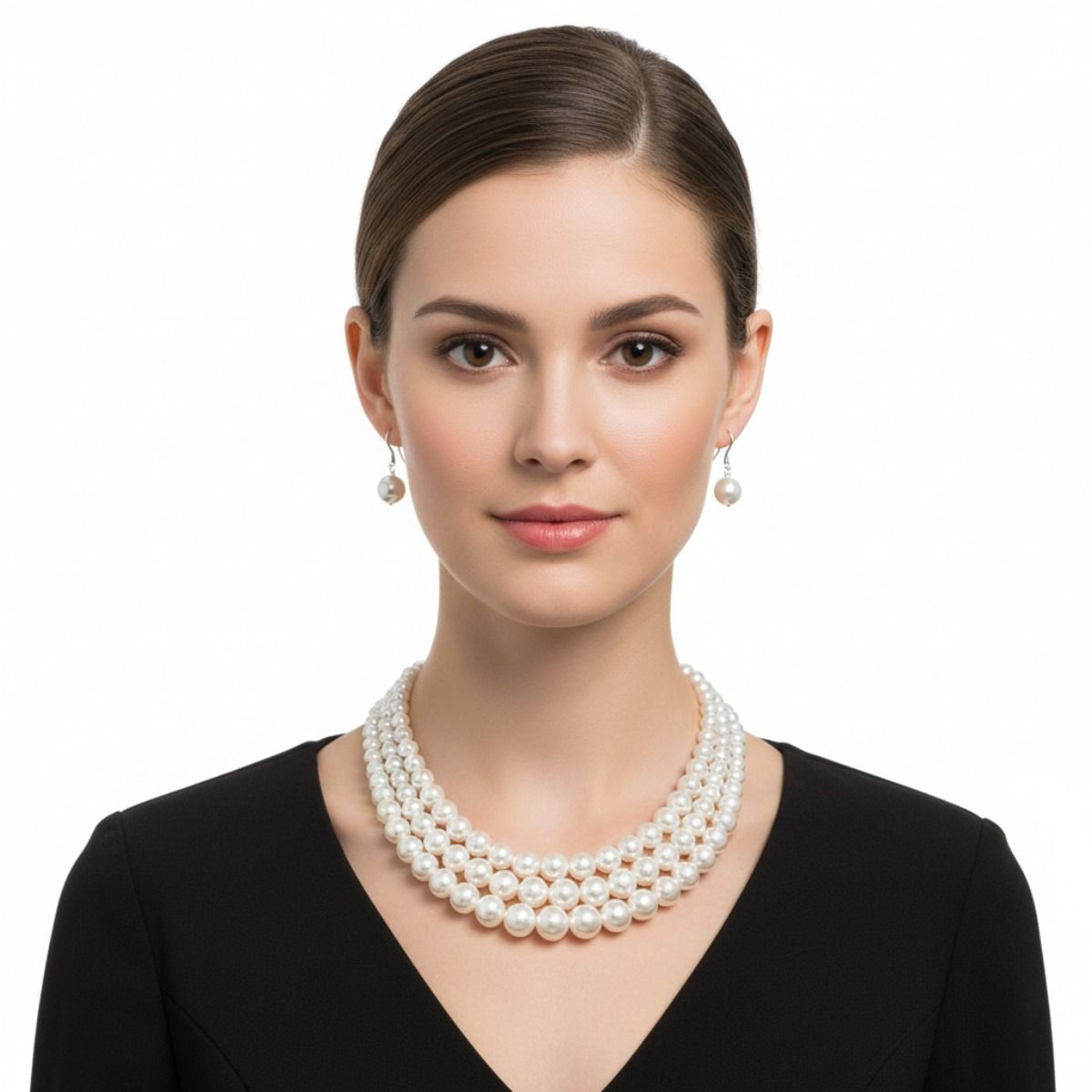 White Pearl 3-Strand Rhodium-Plated Necklace Set