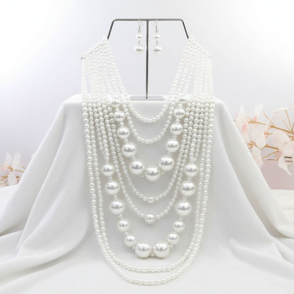 White Long White Pearl Necklace Set