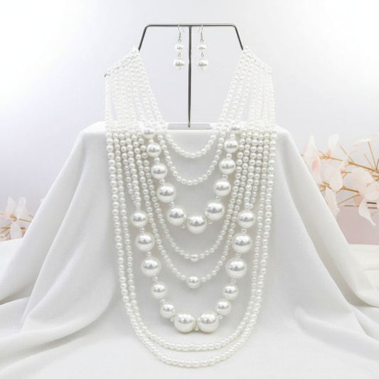 White Long White Pearl Necklace Set