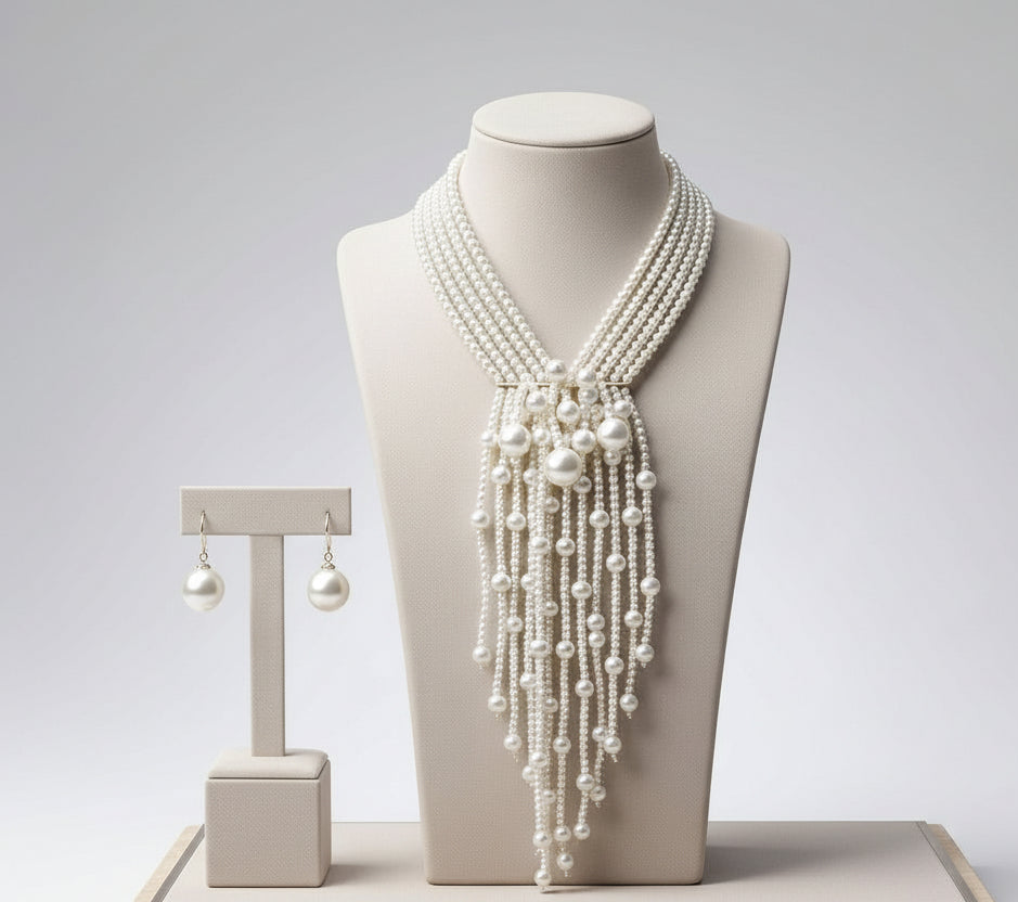 Dewdrop Cream Pearl Multi Strand Tassel Necklace