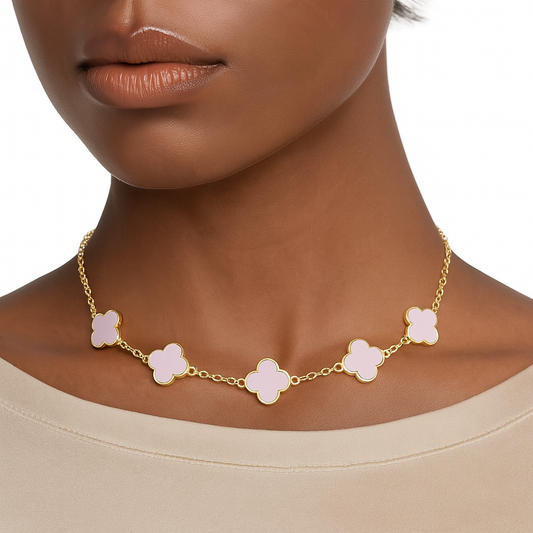Gold Light Pink Quatrefoil Clover Necklace