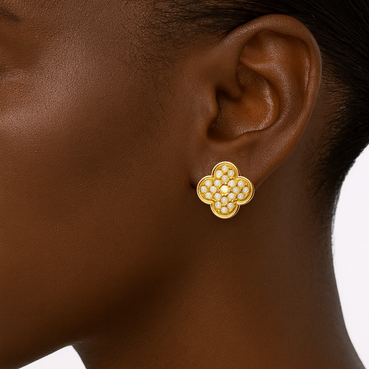 Gold Cream Pearl Quatrefoil Clover Earrings