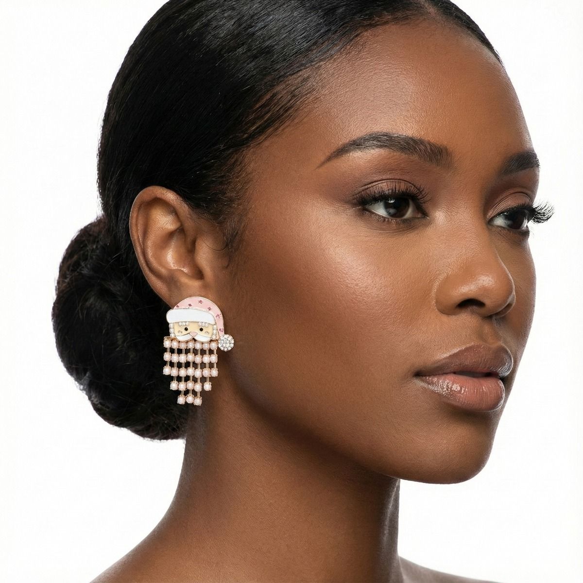 Fringe Merry Pink Santa Pearl Bead Gold Earrings