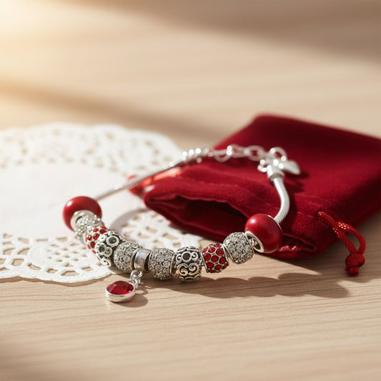 Silver Snake Chain Red Charm Women's Bracelet