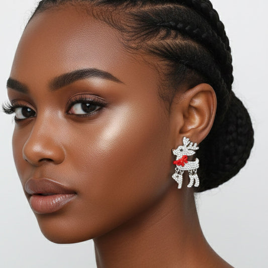 Dangle Adorable Reindeer Glam Xmas Silver Earrings
