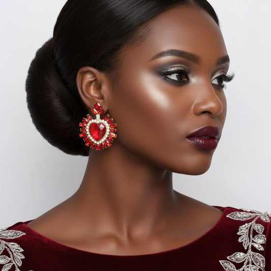 Stud Red Crystal and Glass Heart Earrings
