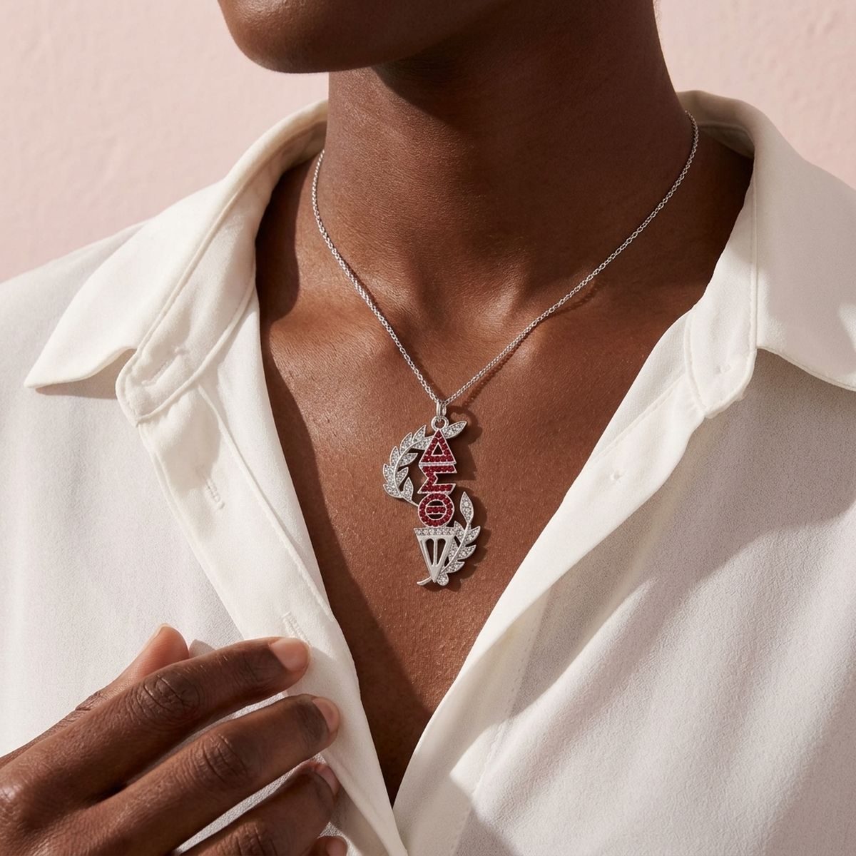 DST Silver Red Rhinestone Laurel Leaf Necklace